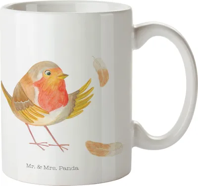 Produktbild von Mr. & Mrs. Panda Plastikbecher Rotkehlchen Federn - Weiß - Geschenk, Camping Tasse, Vogel, Pott, Spruch Motivation, Mehrwegbecher, Kinderbecher, Trinklernbecher, Mut