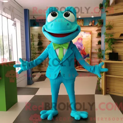 Obrázek produktu pro Postava REDBROKOLY maskota tyrkysové žáby v Capri kalhotách a motýlku