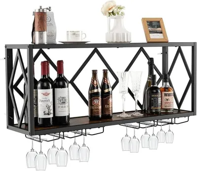 Produktbild von Weinregal Wand, 2 Ebenen Flaschenregal Holz mit Metallrahmen, mit 6 Reihen Weingläserhalter, Industrial Design, ideal für Zuhause, Bar, Küche und Restaurant