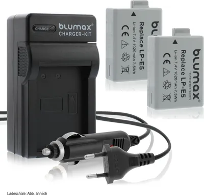 Produktbild von 2x Akku + Lader für Canon EOS 450D, EOS 500D, EOS 1000D LP-E5 1020 mAh
