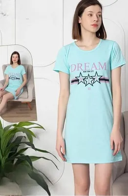 Produktbild von Damen Nachthemd Tunika Pyjama Schlafanzug Türkis L Kurz Nachtwäsche mit Muster L-79