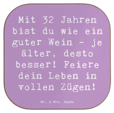 Produktbild von Mr. & Mrs. Panda Untersetzer für Gläser Spruch 32. Geburtstag - Lavendeltraum - Geschenk, Alter, Glückwünsche, Getränkeuntersetzer, guter Wein, Leben genießen, Coaster