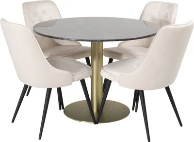 Produktbild von EstelleØ106BLBR Essgruppe Esstisch schwarz, Marmor und 4 Velvet Deluxe Esszimmerstühle Velour beige, schwarz.