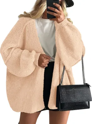 Produktbild von ASKSA Damen Strickjacke Offene Front Strickpullover Elegant Laternenaermel Einfarbig Oversized Casual Winter Strick Cardigan Strickmantel (Aprikose,S)