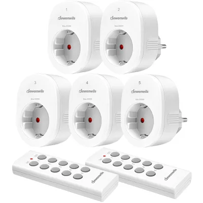 Produktbild von DEWENWILS Funksteckdosen Set mit Fernbedienung, 2 Sender, 5 Empfänger, Innen, 30M Reichweite, Weiß