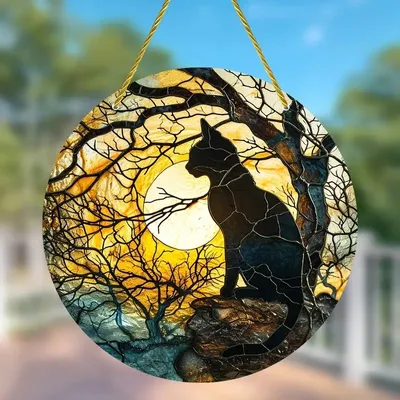 Produktbild von GKA Sonnenfänger Katze auf Baum 15 cm Buntglas Lichtfänger Fensterbild Fenster Fensterschmuck Fensterdeko