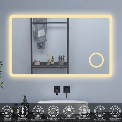 Produktbild von Badspigel mit Steckdose 100×60cm Bluetooth LED Schminkspiegel Kalt/Neutral/Warmweiß dimmbar Memory Beschlagfrei eine Stunde automatische Abschaltung Wandschalter Spiegel mit LED Beleuchtung