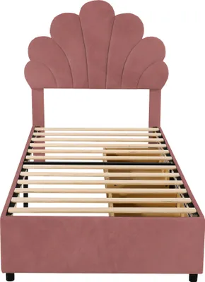 Produktbild von Merax Polsterbett 90x200cm mit Blumenform-Kopfteil, Kinderbett mit Lattenrost, Jugendbett mit 2 Schubladen, Einzelbett aus Samt, Rosa