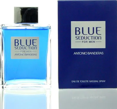 A bottle of Antonio Banderas Blue Seduction eau de Toilette for Men and its packaging are displayed side-by-side on a white background.