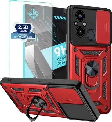 Produktbild von Armor Handyhülle für Xiaomi Redmi 12C mit 9H Displayglas Displayschutz Kameraschutz Handy Panzer Case Cover Schutzhülle Outdoor Farbe: Rot