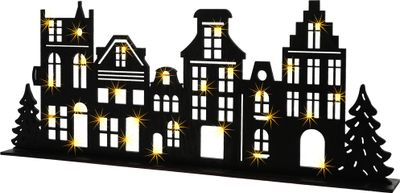 LED Holz Häuserzeile schwarz - 57 x 22 cm - Deko Weihnachtsdorf Skyline Aufsteller - Weihnachts Holzhaus Tischdeko Weihnachtsstadt