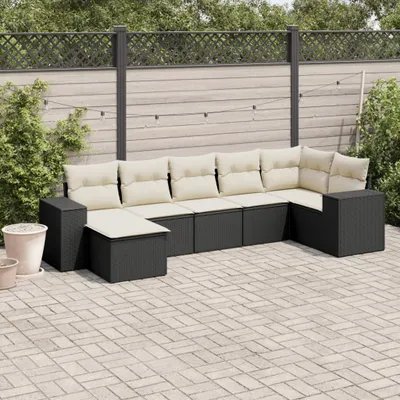 Produktbild von Design 7-tlg. Garten-Sofagarnitur mit Kissen Schwarz Poly Rattan, Gartenmöbel-Sets 2024 Neu