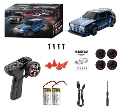 Produktbild von KFPLAN KF30 RC Drift Auto 1:43, 4WD Mini Rennwagen mit Gyro, LED Licht, 2,4GHz Fernsteuerung, Hochgeschwindigkeitsmotor, mit 2 Akkus, Blau