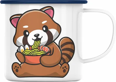 Produktbild von Trendation - Ramen Roter Panda Emaille Tasse Musik Kinder Geschenkidee für Jungs Mädchen Lustige Grafik Nudeln (Blau)