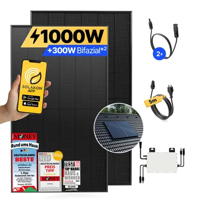Produktbild von Balkonkraftwerk 1000W Solaranlage mit Ziegeldach Halterung (Paarmontage) Steckerfertig Komplettset Photovoltaik Anlage 800W, Kabellänge: 5m, Solakon