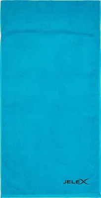 A turquoise fitness towel is laid flat against a white background.