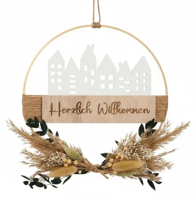 Produktbild von Türkranz Trockenblumen mit "Herzlich Willkommen" Schild, 25 cm Durchmesser, Handgefertigt