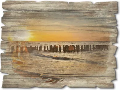 Produktbild von ARTland Holzbild Vintage Schöner Sonnenuntergang am Strand Größe: 40x30 cm