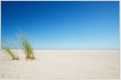 Produktbild von Wallario Wandbild Sandstrand unter blauem Himmel, Größe: 61 x 91,50 cm, Poster mit weißem Aluminiumrahmen