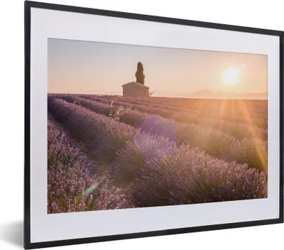 Produktbild von MuchoWow® MuchoWow® Gerahmtes Poster Sonnenaufgang über einem Lavendelfeld 40x30 cm - Poster mit zchwarzem Bilderrahmen - Bilderrahmen - Poster im Rahmen