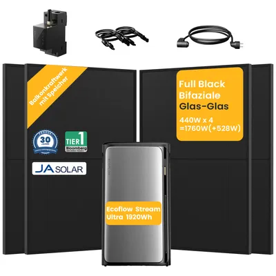Produktbild von Balkonkraftwerk mit Speicher 1920Wh, EcoFlow Stream Ultra All-in-One Speicher mit Smarten Zähler, JaSolar1760W(+528W) Solarmodule für Balkonkraftwerk