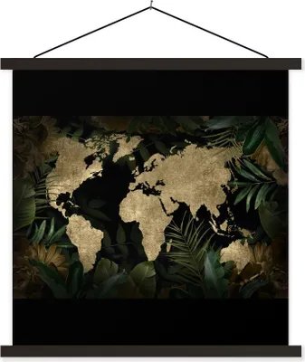 Produktbild von MuchoWow® Textilposter Weltkarte - Gold - Blätter 40x40 cm mit schwarzem Rahmen - Fotos
