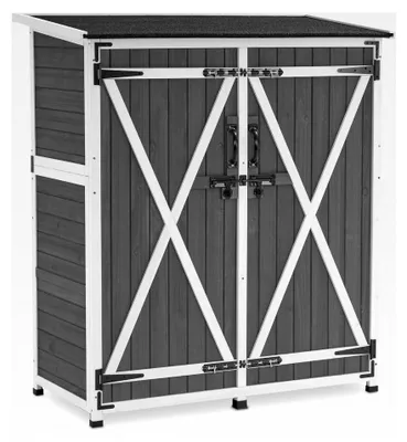 Produktbild von Wetterfester Gartenschrank aus Holz, Klein, für Außenbereich, Balkon und Terrasse, 122×60×137cm, Grau