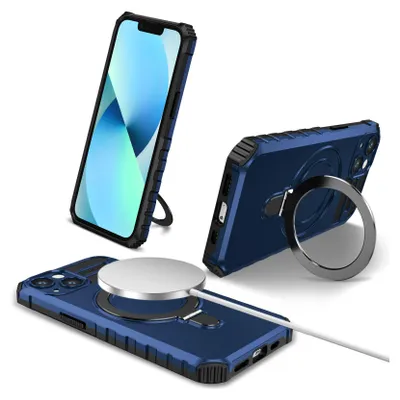 Image de Étui pour iPhone 13 magnétique avec MagSafe, porte-anneau, support, étui de protection double couche bleu