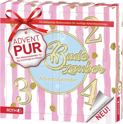 Produktbild von ROTH Adventskalender PUR "Badezauber" 2021 mit 4 Türchen, für jeden Adventssonntag eines, enthält hochwertige Badekugeln und -zusätze
