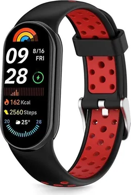 A smart band with a black and red strap is displayed against a white background.