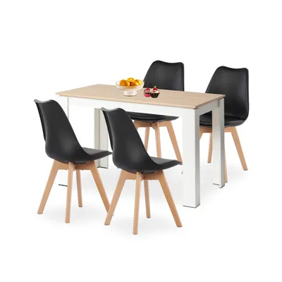 Image de HJ_WeDoo Ensemble de salle à manger avec table en chêne et 4 chaises noires - Pieds blancs en hêtre massif