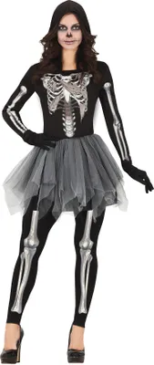 A woman wearing a skeleton Halloween costume.