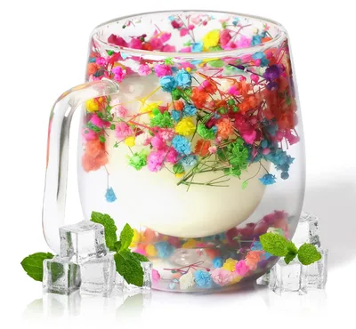 Doppelwandige Glastasse 370 ml mit getrockneten Blumen, Kaffeetasse