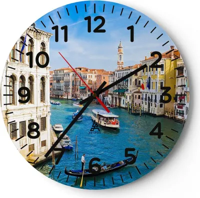 Produktbild von Wanduhr - Rund - Glasuhr - Venedig Kanal Kreuzfahrt Gondel - 30x30cm - Schleichendes Uhrwerk - Lautlos - zum Aufhängen bereit - Dekoration Modern - Wanddekoration aus Glas - C4AR30x30-0428
