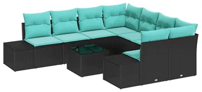 Image de Canapé Set avec coussins 9 pcs Noir Poly Rattan