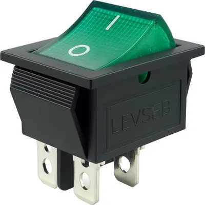 A single black and green rocker switch with silver metal terminals, shown from a diagonal angle against a white background.