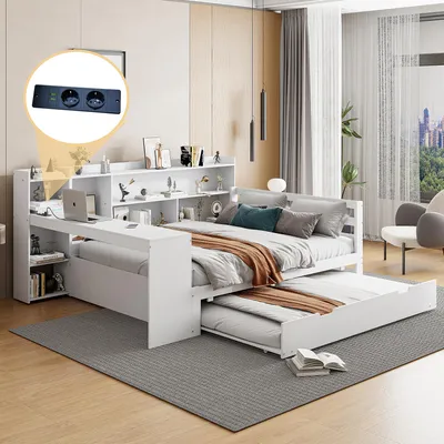 Image de MODFU Lit Gigogne Double 140x200 cm - Lit en Bois Massif avec Bureau, Étagères et Lit Coulissant Sous Le Lit, Design Moderne, Blanc, Sans Matelas