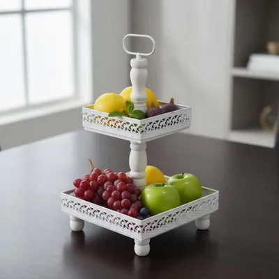 Image de Mucola Étagère 2 étages Plateau de service Présentoir Présentoir Coupe de fruits Coupe à pâtisserie Vintage Présentoir à gâteaux - Blanc Gris