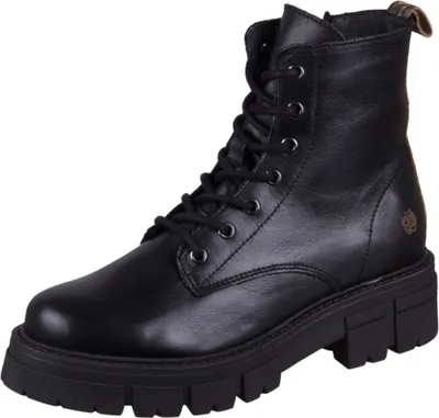A black leather lace-up boot with a thick sole is shown against a white background.