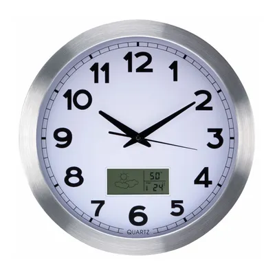 Produktbild von Perel Analoge Wanduhr 35 cm mit LCD für Temperatur und Luftfeuchtigkeit, gut lesbares Zifferblatt,