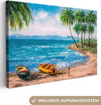 Produktbild von MuchoWow® - Leinwandbilder - Gemälde - Öl auf Leinwand - Strand - Palme - Boot, Wandbild, Wanddeko Bilder Wohnzimmer, 60x40 cm