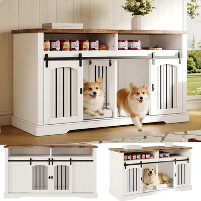 Image de Commode et meuble de rangement Flieks avec portes coulissantes, meuble à plusieurs niveaux, cage pour chien, cabane pour chien avec séparations amovibles, 153x60x85 cm, blanc