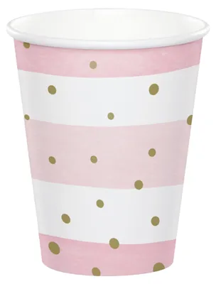 Productafbeelding van 8 papieren bekers in roze en wit met gouden stipjes, 256 ml, geschikt voor een babyshower