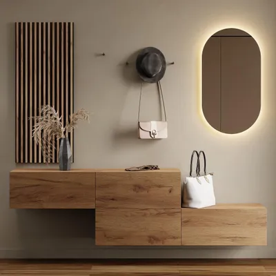 Produktbild von Flurgarderobe 2x 140 cm mit Wandpaneele und Spiegel mit LED-Beleuchtung gold eiche