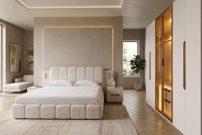 Image de Ensemble de chambre : lit, armoire avec éclairage LED et 2 tables de chevet