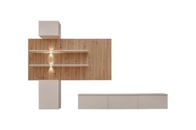 A modern wall unit with shelves and cabinets, displayed against a white background.