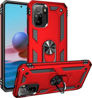 Produktbild von Conie Outdoor Schutzhülle für Xiaomi Redmi Note 10 / 10S Tasche Silikon Hard Case Cover Hülle mit Halter Ständer in Rot