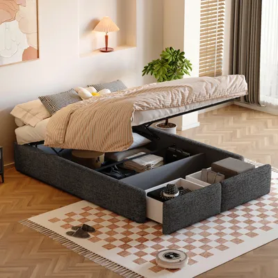 Produktbild von ProximaX Polsterbett 160x200cm – mit hydraulischem Lagerung und 2 Schubladen – Hydraulisches Doppelbett Leinen Stauraumbett Holzbett ohne Kopfteil – Grau