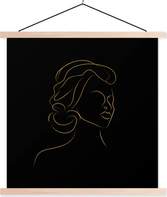 Produktbild von MuchoWow® Textilposter Frau - Schwarz - Gold - Strichzeichnung 120x120 cm mit holzfarbenen Rahmen - Textil-Poster
