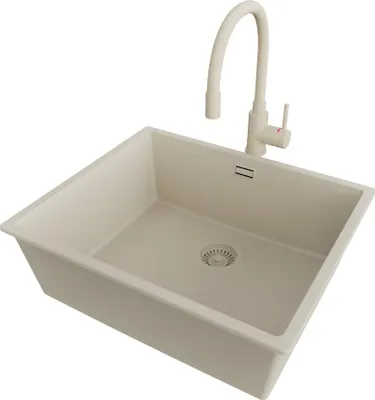 Produktbild von PRIMAGRAN Unterbauspüle Granit Beige 56x47cm, Spülbecken 1 Becken + Küchenarmatur 38x14cm + Ablauf-Set, Granitspüle ab 60er Unterschrank - London